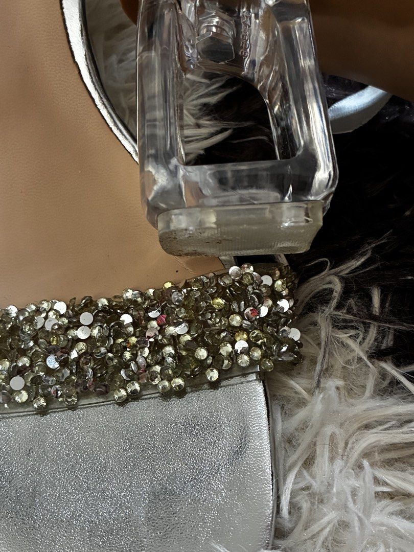 Silver Embellished Pearl Strap Heels Size 38 (Category: Heels) located in Naic. Submitted by mancanescharlene (Listing ID 1440043775, Image 3). Description: Sparkling silver heels with rhinestone and pearl/ribbon ankle straps. Features a clear block heel. Perfect for parties and events. .