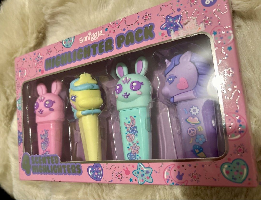 Smiggle Highlighter Pack 4 Scented Highlighters (Category: Stationery & School Supplies) located in Pasig City. Submitted by royalregistry (Listing ID 1440144846, Image 2). Description: - Brand new and authentic - Smiggle highlighter set with 4 scented markers. - Each highlighter features a unique fun scent. - Adorable character designs and colorful appearance. - Perfect for making notes and drawings pop! - Recommended for ages 6 and up..