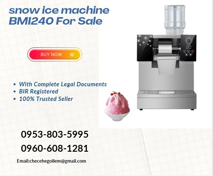 snow ice machine BMI240 For Sale (Category: Everything Else Others) located in Caloocan City. Submitted by gracemonle62168 (Listing ID 1440054482, Image 1). Description: ●Rated output: 240KG/24H ●Voltage: 220V50HZ1P ●Power: 1600W ●Cooling way: Air cooling ●Machine size: 350*640*480mm ●Packing size: 0.17CBM ●G.W. 52KG 𝗪𝗘 𝗔𝗥𝗘 𝗢𝗣𝗘𝗡 𝗙𝗥𝗢𝗠 𝗠𝗢𝗡𝗗𝗔𝗬 𝗧𝗢 𝗦𝗔𝗧𝗨𝗥𝗗𝗔𝗬, 9𝗔𝗠 -6𝗣𝗠 𝐅𝐎𝐑 𝐈𝐍𝐐𝐔𝐈𝐑𝐈𝐄𝐒, 𝐂𝐀𝐋𝐋 𝐔𝐒: ☎ 0953-803