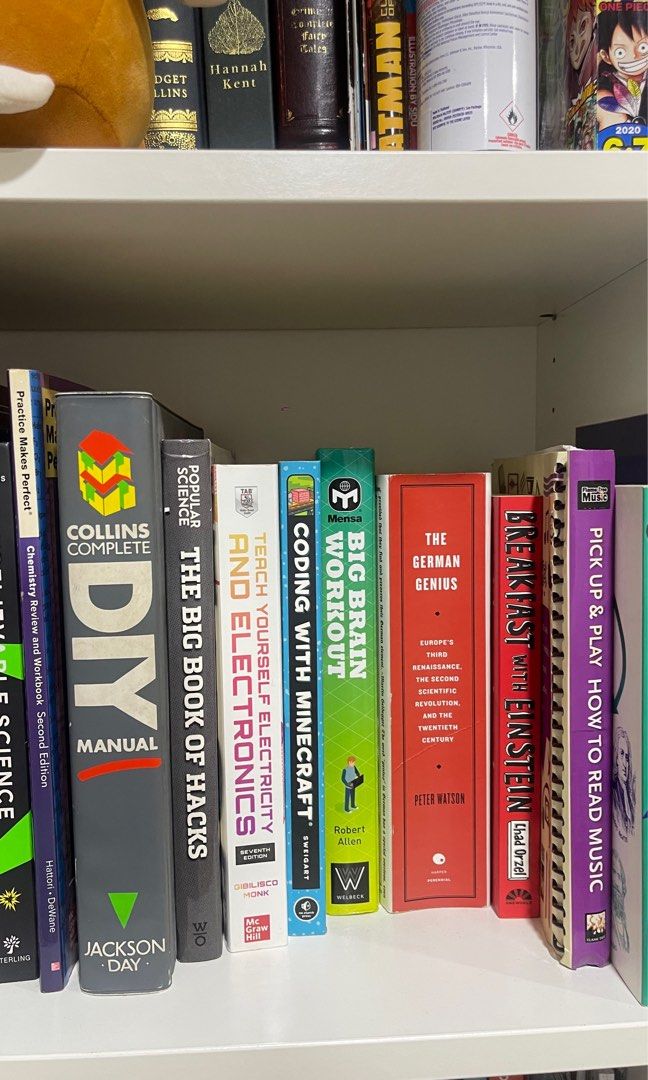 STEM and DIY Books (Category: Textbooks) located in Manila. Submitted by moolodica (Listing ID 1440104152, Image 1). Description: Take All for Php 2k Books Available: Practice Makes Perfect Chemistry Review and Workbook Collins DIY Manual The Big Book of Hacks Teach Yourself Electricity and Electronics Coding with Minecraft Big Brain Workout (Some pages have writing) The German Genius Breakfast with Einstein Pick up and Play: How to Read Music RF