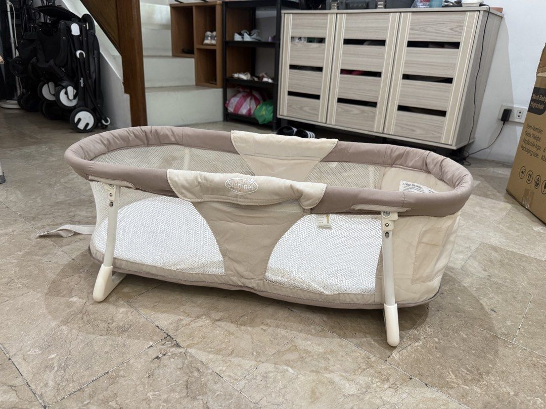 Summer Collapsible Travel Baby Cot (Category: Cots & Cribs) located in Quezon City. Submitted by prelovedbabygirlstuff (Listing ID 1440073871, Image 1). Description: - Summer Collapsible Travel Baby Cot - Comfortable sleeping area with patterned mattress - Removable mattress included - Mesh sides for excellent ventilation - Designed for easy portability and convenience Location: near SM Sta Mesa Gcash Payment first before booking own courier pick