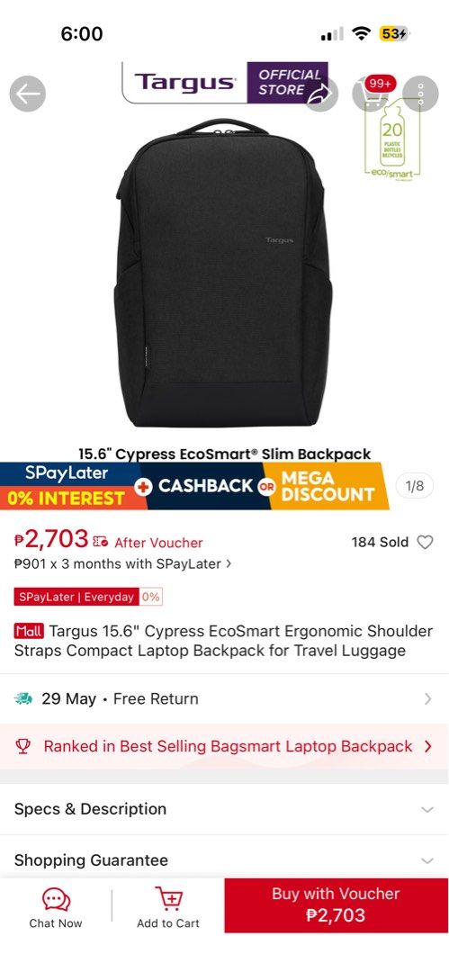 Targus 15.6" Cypress EcoSmart Slim Backpack (Category: Backpacks) located in Quezon City. Submitted by dpkuno (Listing ID 1440094832, Image 2). Description: - WFH, hindi nagagamit - Targus Cypress EcoSmart Slim Backpack - Fits 15.6-inch laptops - Made with eco-friendly materials - Slim and stylish design - Comfortable for commuting and travel.