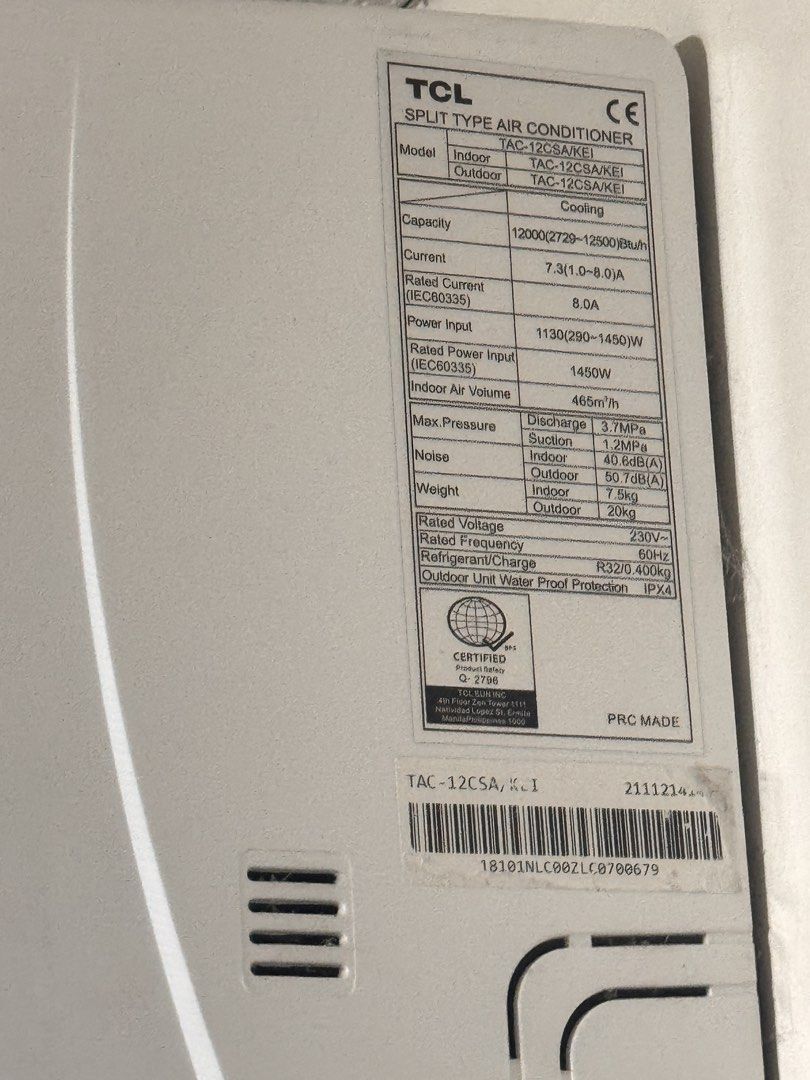 TCL Split Type Inverter Aircon 1.5hp (Category: Air Conditioning and Heating) located in Pasig City. Submitted by brownbiscoff (Listing ID 1440035739, Image 3). Description: - TCL Split Type Air Conditioner - Model: TAC-12CSA/KE1 - Inverter Technology - Cooling Capacity: 12000-12500 BTU/h - Rated Current: 8.0A - Power Input: 1130W (290-1450W) - Indoor Air Volume: 465m³/h RFS: moving out Used for 4 years No issues Negotiable.