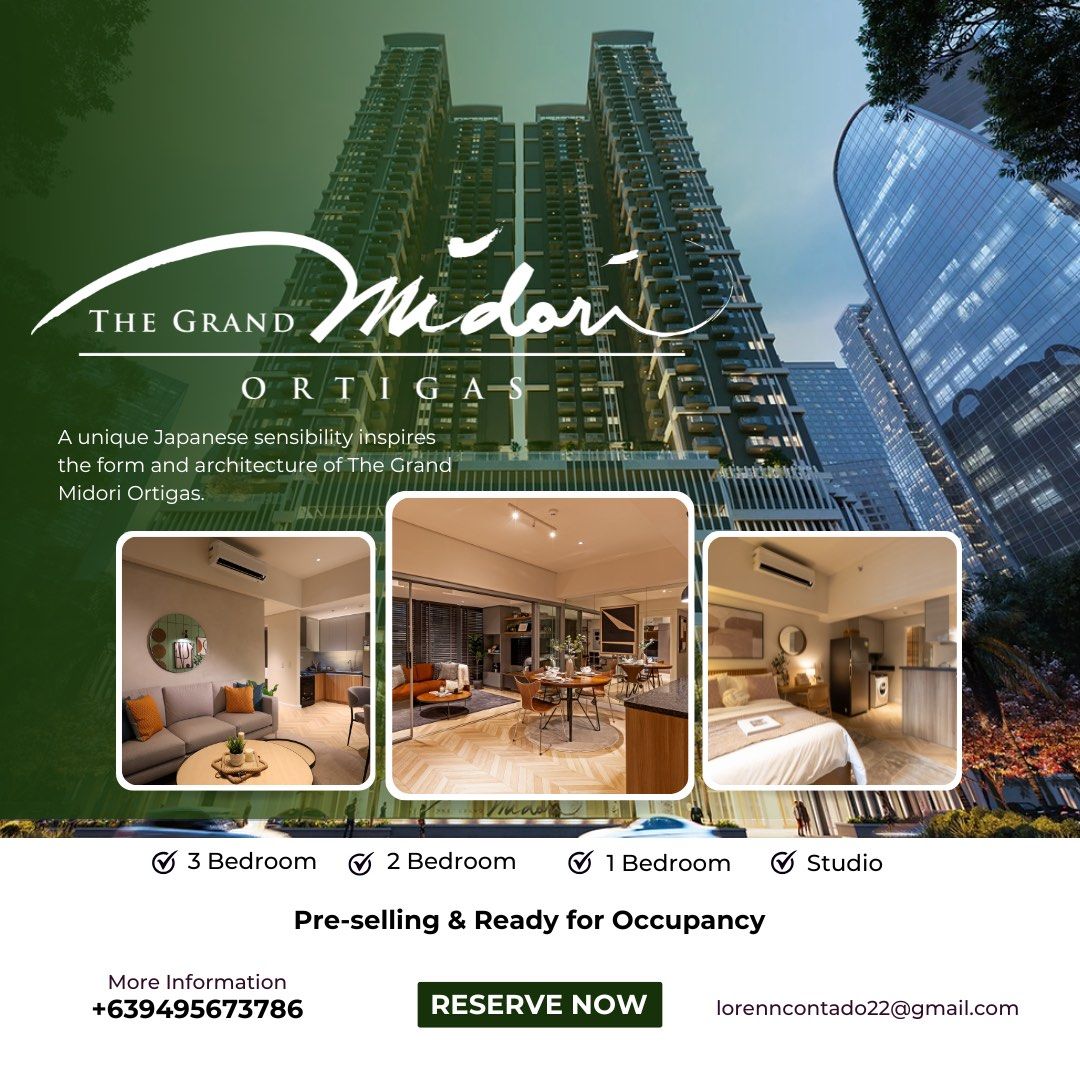 The Grand Midori Ortigas (Category: Apartments & Condos) located in Manila. Submitted by lorenluxe (Listing ID 1440051062, Image 1). Description: Experience calm and luxury in the heart of the city 🌿🏙️ Discover The Grand Midori Ortigas by Federal Land, Inc. — a Ready for Occupancy luxury residence in Ortigas Center, Pasig, featuring Japanese modern architecture by Tange Associates and zen-inspired living designed for comfort and elegance. ✨ Pri