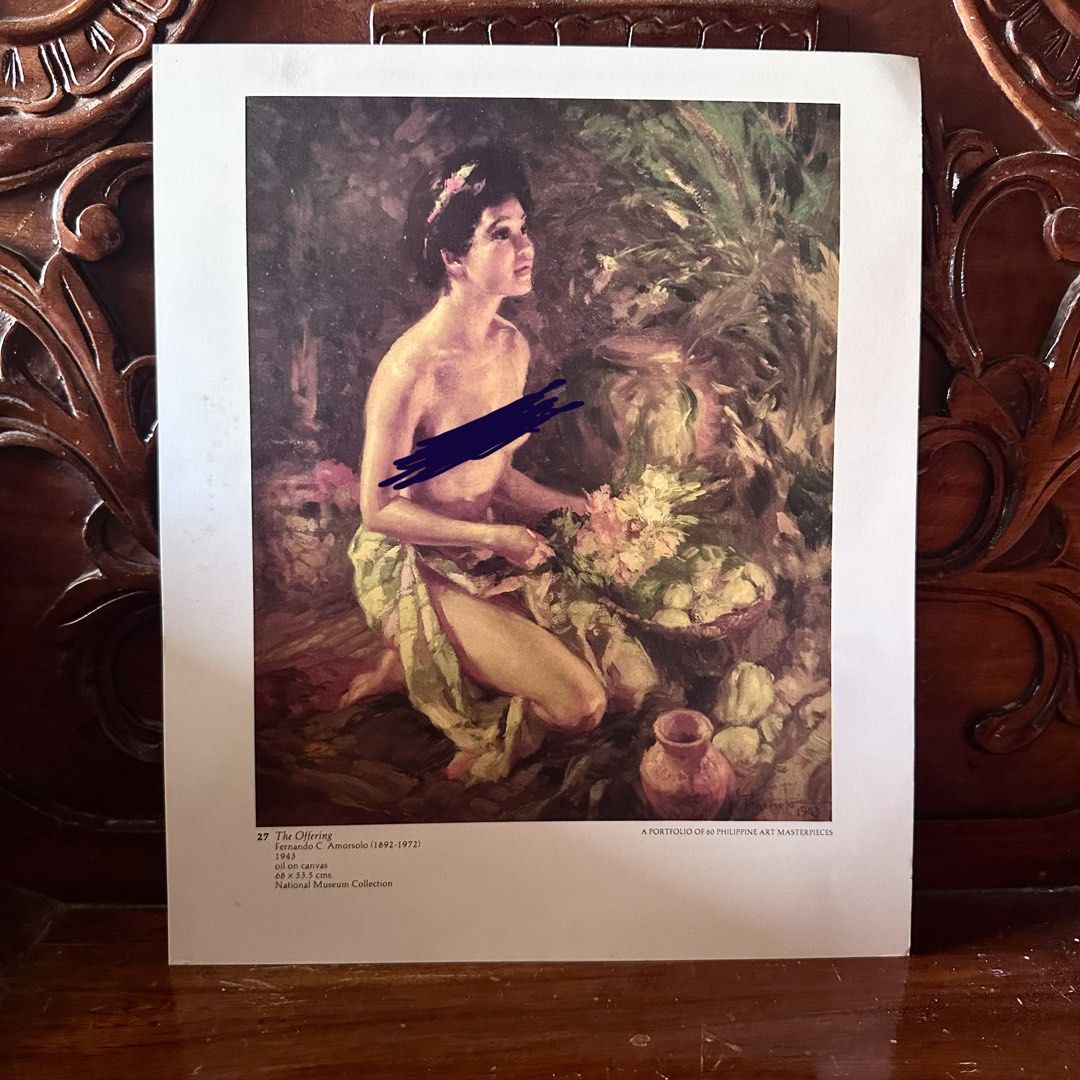 The Offering - Fernando Amorsolo [lithograph] (Category: Art & Prints) located in General Tinio. Submitted by tindangaklat (Listing ID 1440058844, Image 1). Description: From A Portfolio of 60 Philippine Art Masterpieces. Mark covering the chest part of the subject is just edited only. Please send a message to request for the actual picture of the lithograph..