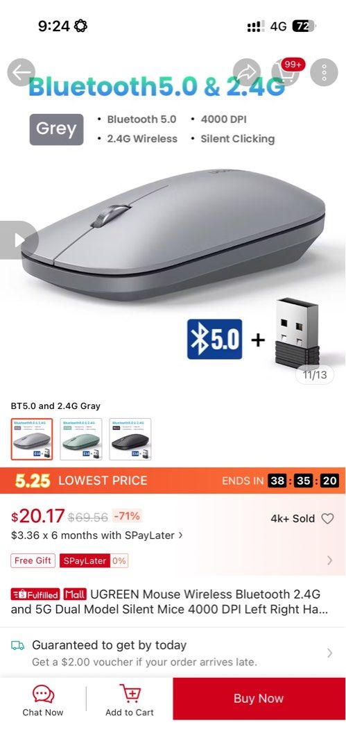 UGREEN 2.4G & Bluetooth Silent Click Wireless Mouse - Grey464486167049687041
