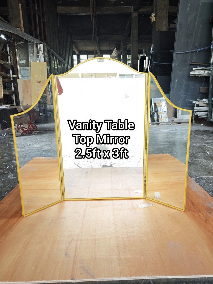 Vanity Table Top Mirror 2.5ft x 3ft (Category: Mirrors) located in Malabon City. Submitted by mirrors.ph (Listing ID 1440019466, Image 1). Description: - Gold framed tri-fold vanity mirror - Dimensions: Approx. 2.5 feet x 3 feet - Ideal for dressing tables or makeup stations - Adjustable side panels for a wide, customizable view Size: 2.5ft H x 3ft W Customize sizes and shapes are welcome .