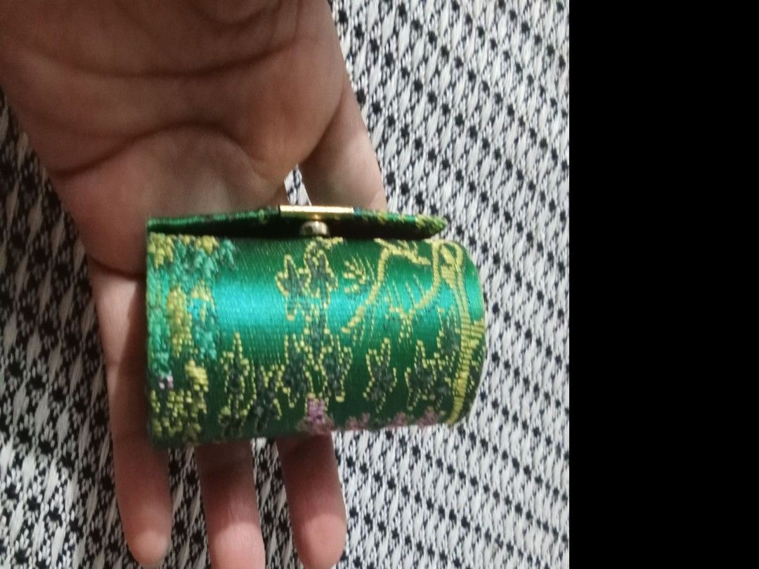 Vintage #mbroidered Lipstick Case with Mirror (Category: Mirrors) located in Bocaue. Submitted by marajapansurplus (Listing ID 1440008633, Image 2). Description: - Vintage compact mirror case - Intricate green embroidery with floral accents - Red satin interior lining - Includes a small mirror - Secure clasp closure - Perfect for stylishly carrying essentials.