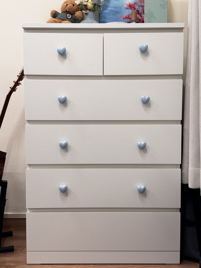 White drawer with heart knobs (Category: Shelves, Cabinets & Racks) located in Singapore. Submitted by anothersilenthuman (Listing ID 1440143350, Image 1). Description: IKEA MALM (modified - doorknobs) 80cm(w)x48cm(d)x 123cm(h) selling as I am getting a different colour drawer. pick up or delivery (can arrange lalamove).