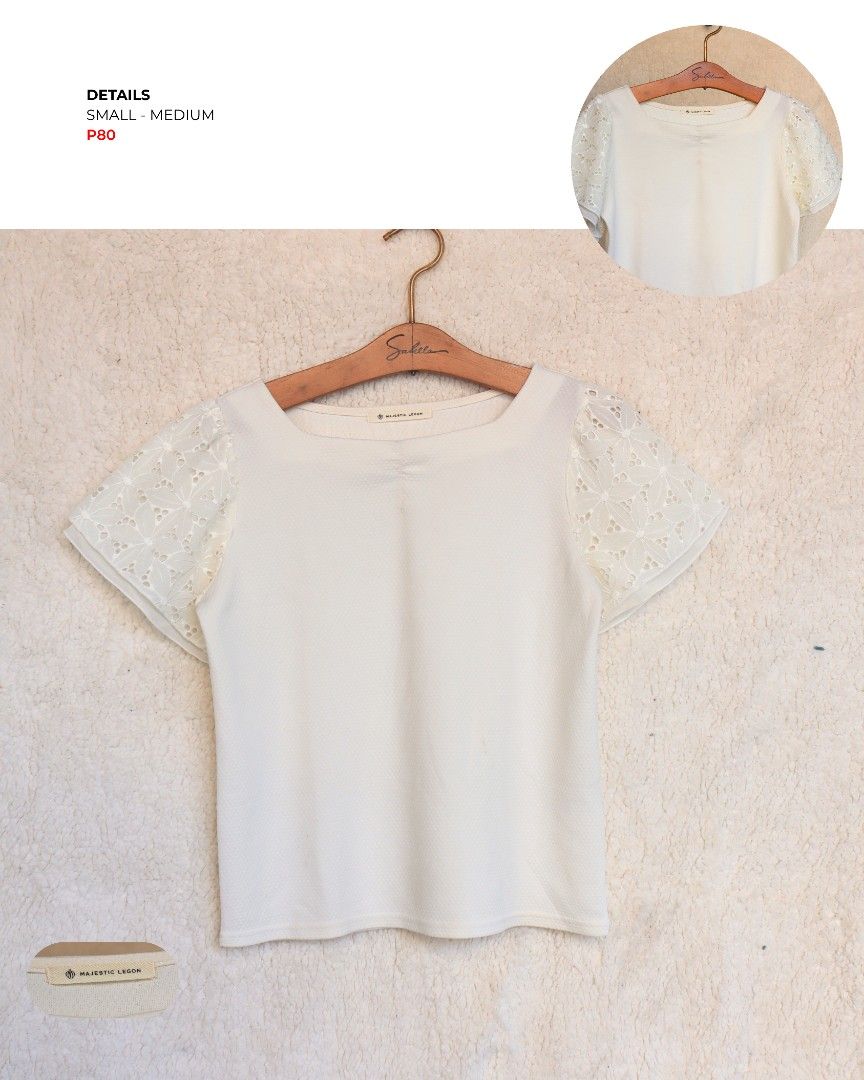 White eyelet top (Category: Blouses) located in Tarlac. Submitted by gatheredthrift (Listing ID 1440066931, Image 1). Description: item status — available condition — color rate 10/10 | no flaws mine — 120 》 mod: direct JNT (min. P54).