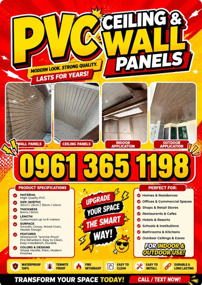 WPC PANELS, PVC CEILING, WALL PANELS, GYPSUM BOARD (Category: Bathroom & Kitchen Fixtures) located in Quezon City. Submitted by italia.arkitektura (Listing ID 1440087827, Image 1). Description: ✨ LEVEL UP YOUR SPACE WITH PVC CEILING & WALL PANELS! ✨ Modern • Stylish • Durable 💯 ✅ Waterproof ✅ Termite-Proof ✅ Easy to Install ✅ Indoor & Outdoor Use ✅ Wood, Marble & Modern Designs Available Perfect for: 🏠 Homes & Condos 🏢 Offices & Shops ☕ Cafes 