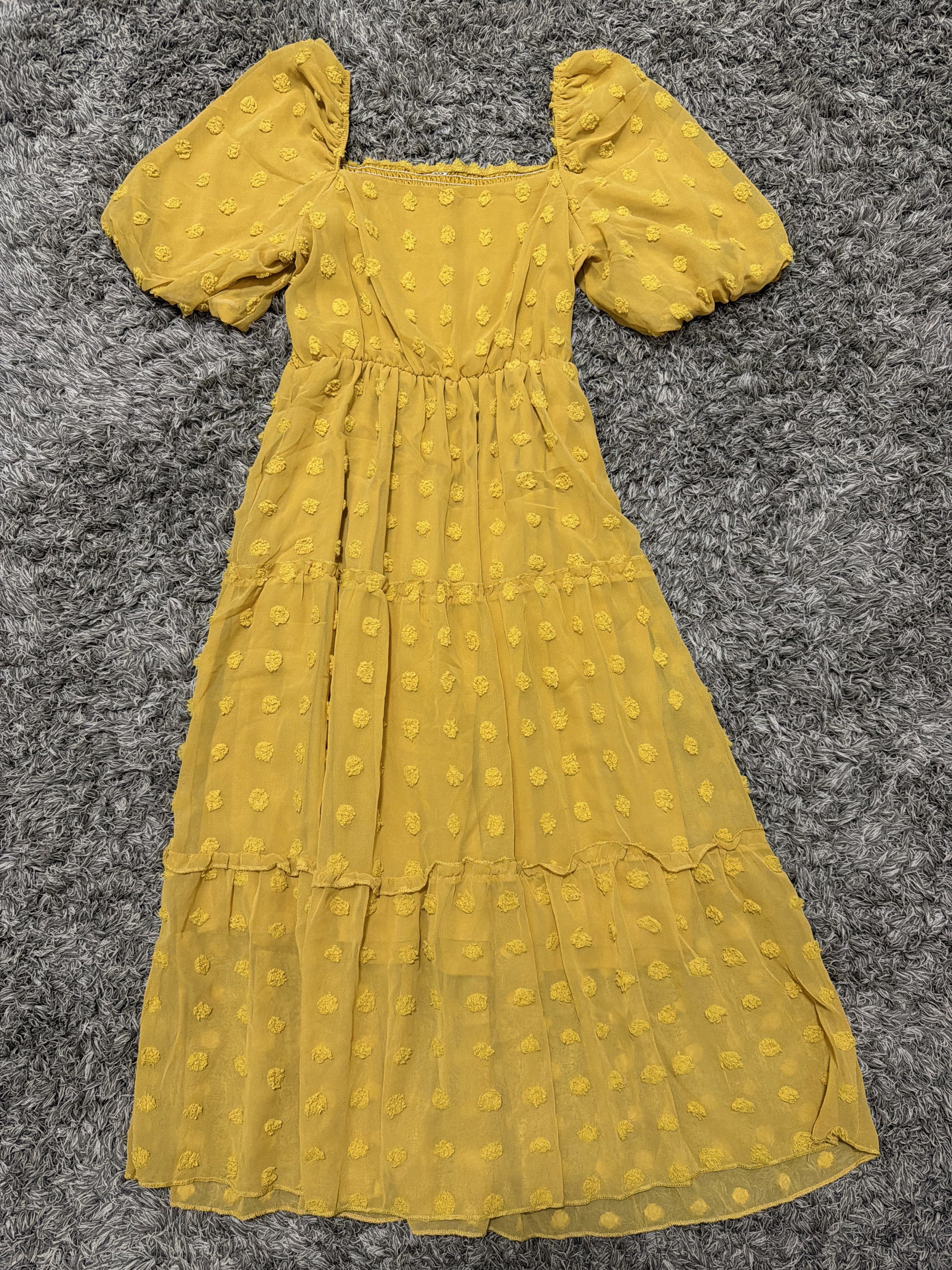 Yellow Puff Sleeve Dress (Category: Dresses) located in Manila. Submitted by heypreloved2016 (Listing ID 1440098388, Image 1). Description: - Chic yellow midi dress - Square neckline - Short puff sleeves - Tiered A-line skirt - Textured dot pattern throughout - Fitted bodice with elasticated waist - Comfortable and flowy skirt - Perfect for casual outings.