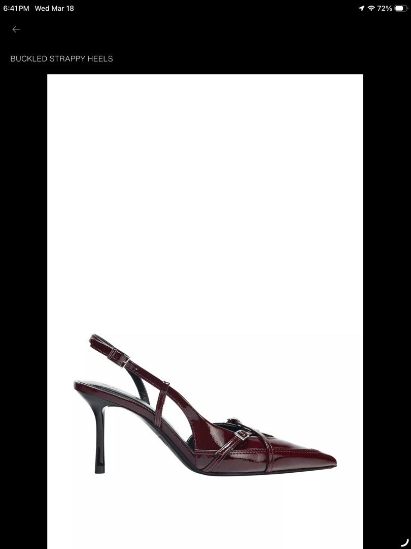 Zara Buckled Heels size 5 (Category: Heels) located in Mandaluyong City. Submitted by hopeworldplane (Listing ID 1440167750, Image 1). Description: - Elegant burgundy slingback heels - Pointed toe design - Chic stiletto heel - Multiple straps with secure buckle closures - Versatile for dressing up any outfit.