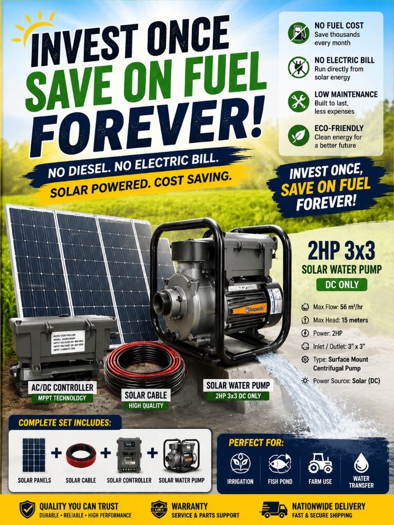 2HP 3x3 Solar Water Pump Set with Panels & Controller (Category: Home Improvement Tools & Accessories) located in Makati City. Submitted by ggpass (Listing ID 1440295741, Image 1). Description: - Invest once, save on fuel forever! - Complete solar-powered water pump set - Cost-saving and eco-friendly - No diesel or electric bills required - Runs directly from solar energy - Low maintenance and built to last - Perfect for irrigation, fish ponds, f