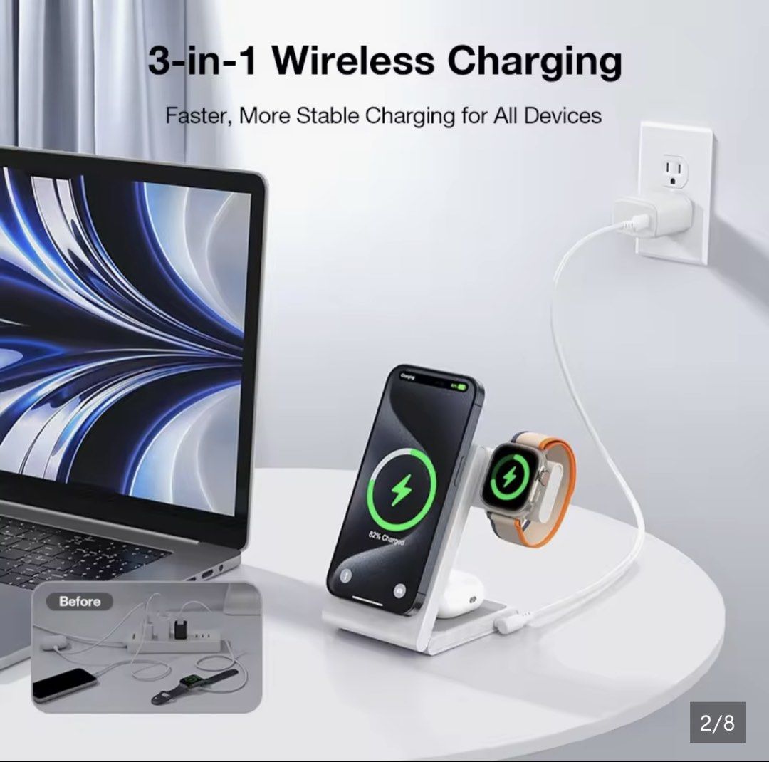 3-in-1 Apple Magnetic Wireless Charging Stand (White) (Category: Chargers & Cables) located in Quezon City. Submitted by margaggonzalez (Listing ID 1440252657, Image 2). Description: 3-in-1 Magnetic Wireless Charging Stand Suitable for Apple Products with Magsafe Feature: iPhone, Watch, Airpods. SRP: Php 1,361.50 Selling For: Php 1,000 Used only once RFS: Decluttering.