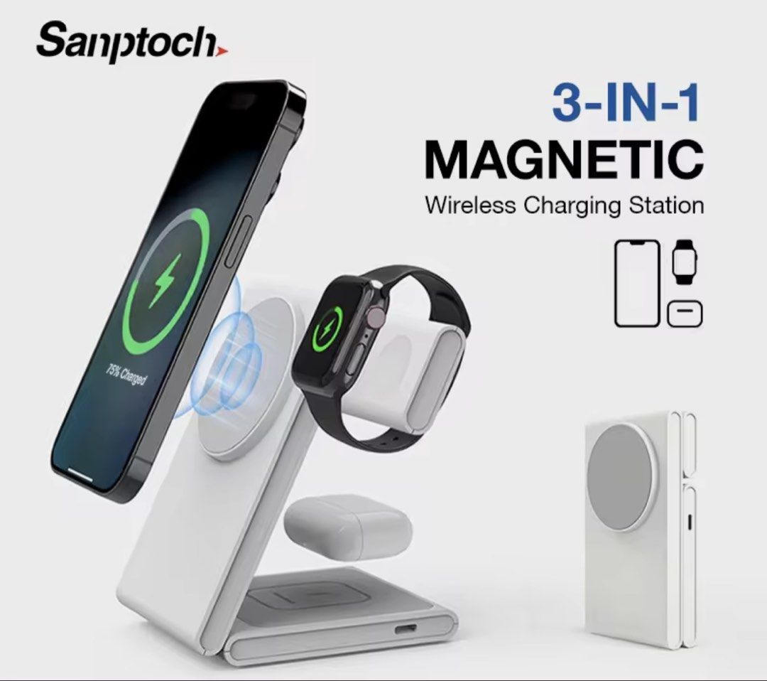 3-in-1 Apple Magnetic Wireless Charging Stand (White) (Category: Chargers & Cables) located in Quezon City. Submitted by margaggonzalez (Listing ID 1440252657, Image 1). Description: 3-in-1 Magnetic Wireless Charging Stand Suitable for Apple Products with Magsafe Feature: iPhone, Watch, Airpods. SRP: Php 1,361.50 Selling For: Php 1,000 Used only once RFS: Decluttering.