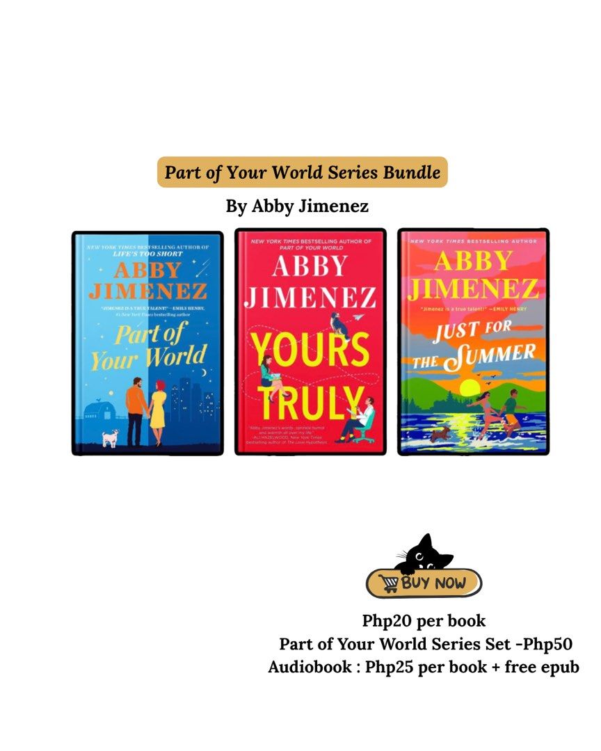 Abby Jimenez Novels [EB00K] [AUDIOB00K] (Category: Storybooks) located in Caloocan City. Submitted by theblackbookshop (Listing ID 1440350704, Image 2). Description: Abby Jimenez Novels 💖Part of Your World Series 1. Part of Your World 2. Yours Truly 3. Just For The Summer EB00K: Php 20 per book | Php50 Part of Your World Series Set AUDIOB00K : Php 30 each + Free epub 💖The Friendzone 1. The Friend Zone 2. Happy Ever After Playlist 3. Life’s Too 