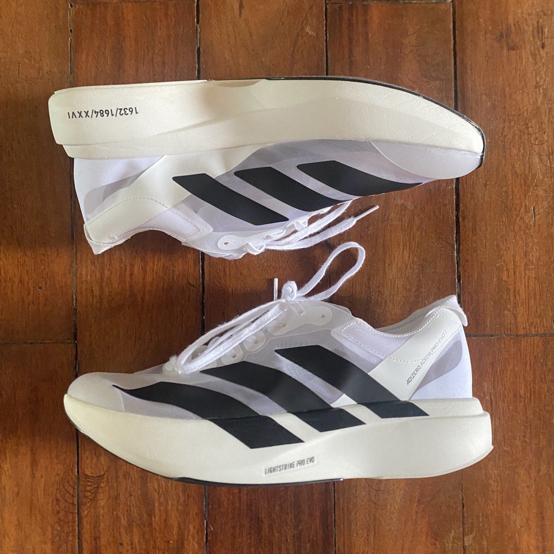 Adidas Adizero Pro Evo 1 (Category: Sneakers) located in Naga. Submitted by decluttertingz_ (Listing ID 1440295119, Image 3). Description: Adidas Adios Pro Evo 1 Size 8.5 on tag can fit up to 9-9.5(snug) Mesh see through upper 9.5/10 condition No issues No box pair only.