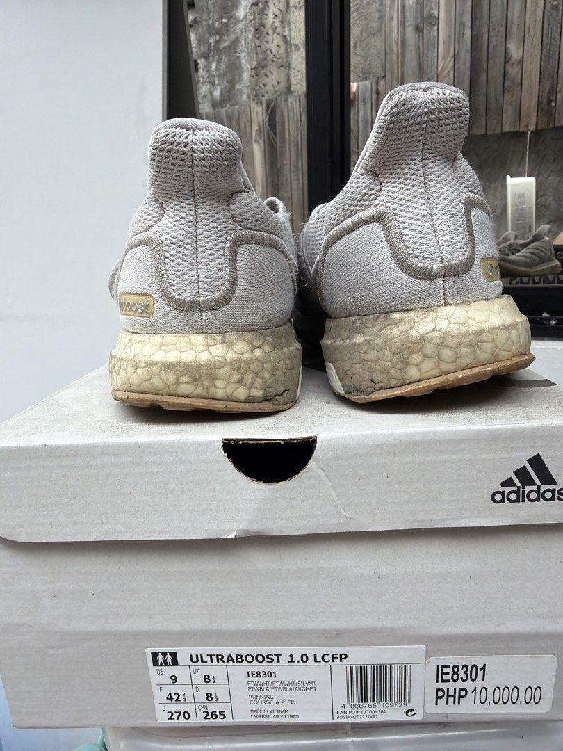Adidas Ultraboost 1.0 LCFP IE8301 (Category: Sneakers) located in Paranaque City. Submitted by tidyingupwithmari (Listing ID 1440282909, Image 1). Description: - Adidas Ultraboost 1.0 LCFP - Model: IE8301 - Size: US 9 / UK 8.5 / EU 42.5 / 270mm - Color: Light grey knit upper - Features: Boost midsole - Includes: Original box - Condition: Used, with some signs of wear on midsole and upper..