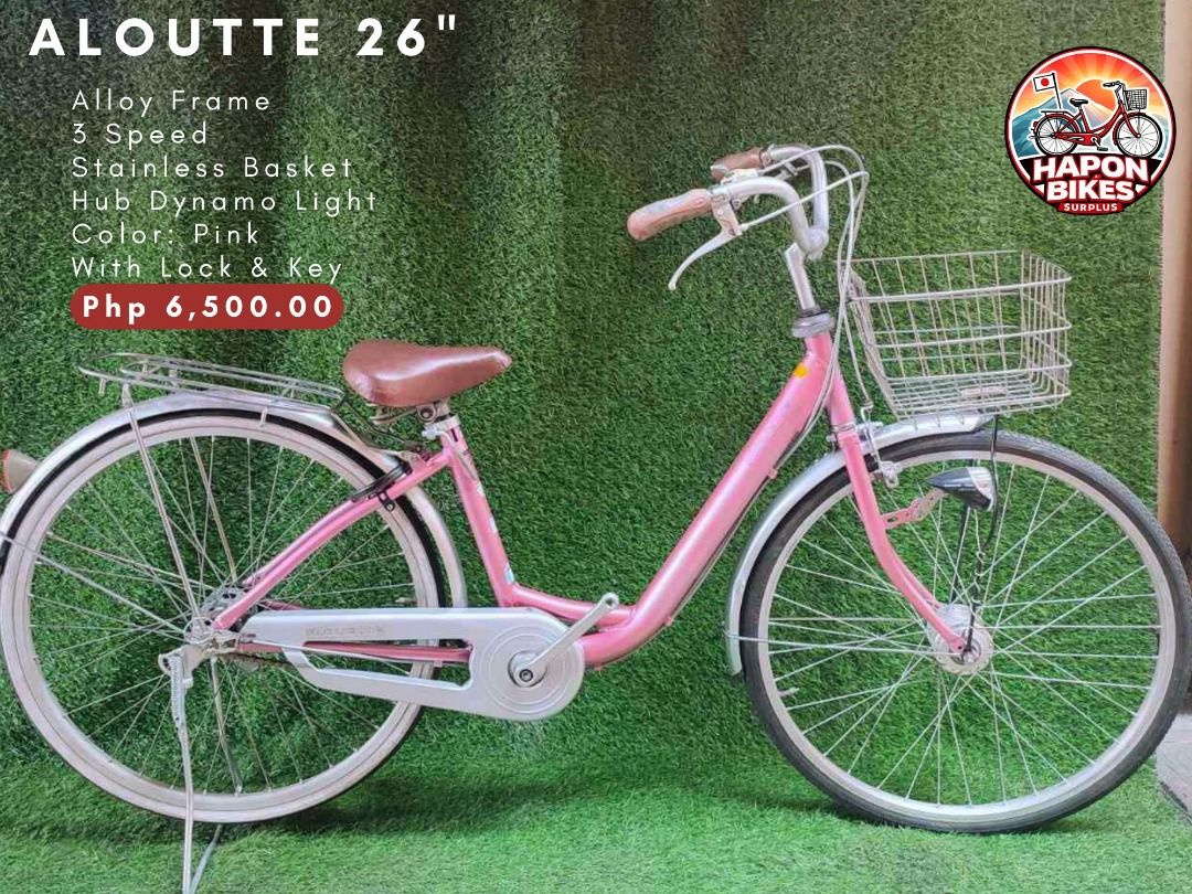 Aloutte 26" Japanese Bike Japan Surplus (Category: Bicycles) located in Valenzuela. Submitted by haponbikessurplus (Listing ID 1440200255, Image 1). Description: Aloutte 26" Alloy Frame 3 Speed Stainless Basket Hub Dynamo Light Color: Pink With Lock & Key.