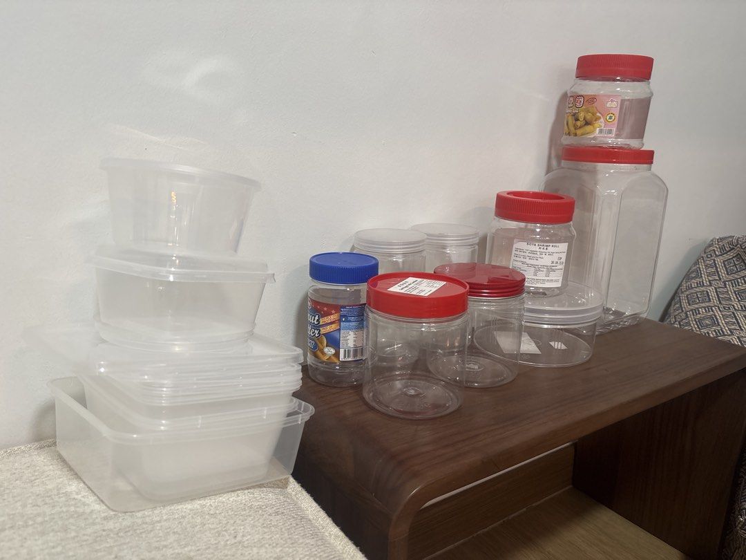 Assorted Clear Plastic Storage Jars and Containers465814359324774400