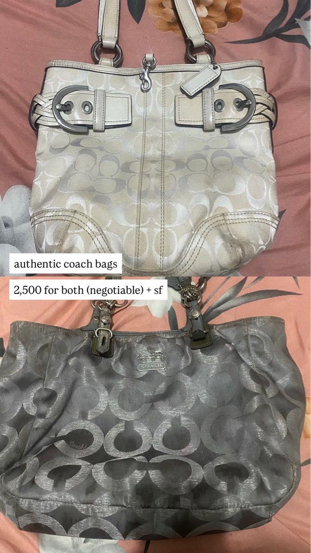 Authentic Coach Bags - Set of 2 (Category: Luxury Bags & Wallets) located in Manila. Submitted by kimlee_ (Listing ID 1440248396, Image 1). Description: - Authentic Coach tote bags (2 pcs) - Color: Cream and Grey - Design: Signature 'C' pattern - Cream bag features buckle details - Grey bag has a metallic sheen - Selling both bags together - Price is negotiable - Shipping fee applies.