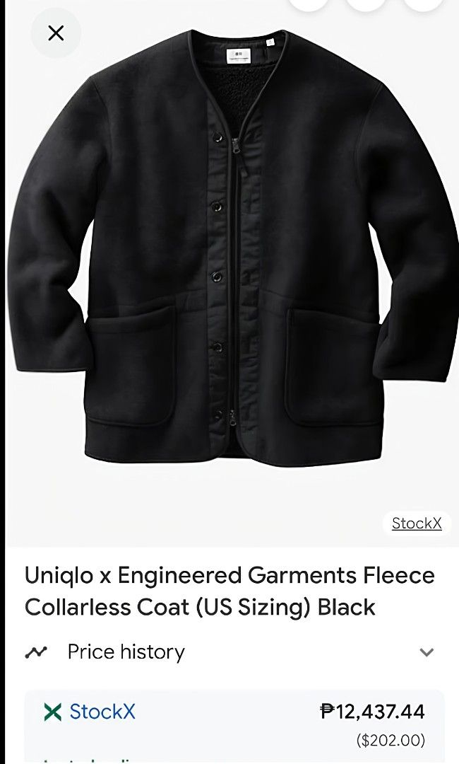 AUTHENTIC UNIQLO COLLABORATION ENGINEERED GARMENTS COLLAR LESS JACKET,Original Price Php 12,000 (Category: Coats, Jackets and Outerwear) located in Manila. Submitted by bvnnie (Listing ID 1440228192, Image 2). Description: Fleece Sa Inside kaya makapal, Best fitting is Large Actual size using inches Armpit to Armpit/ 25 Lenght/32 fittings is Large Excellent Condition, Issue:0 Message if you have any other question about sizing. We do shipping nat