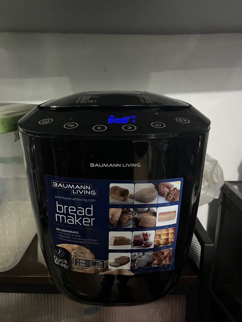 Baumann Living Bread Maker BM-BM4405GS (Category: Other Kitchen Appliances) located in Quezon City. Submitted by deadshotdrazen (Listing ID 1440350242, Image 1). Description: - Baumann Living Bread Maker, Model BM-BM4405GS - Loaf sizes: 1.5lb or 2lb - 14 versatile settings: Basic, French, Whole Wheat, Sweet, Ultra Fast, Dough, Gluten-Free, Cake, Sandwich, Jam, Yogurt, Bake - Quick and easy operation - Includes bread pan and kneading blade Not use