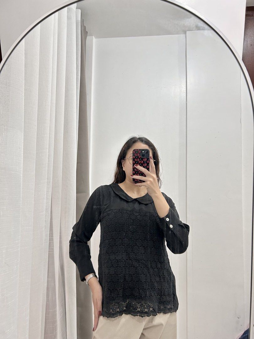 Black Lace Peter Pan Collar Long Sleeve Blouse (Category: Blouses) located in Caloocan City. Submitted by avryph (Listing ID 1440363625, Image 1). Description: - Cute black blouse - Features a floral lace overlay on the front - Peter Pan collar - Long sleeves with button details - Versatile for dressy casual looks with trousers or skirts.