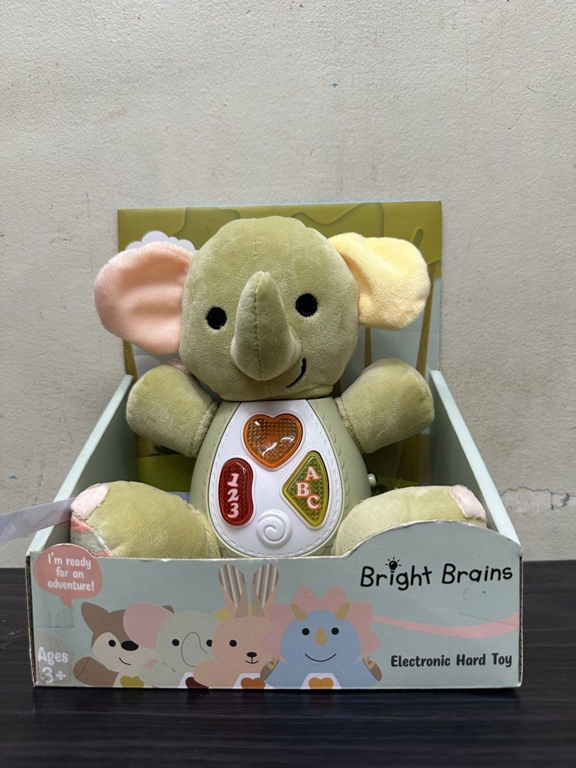 Bright Brains Electronic Hard Toy Plush Animals (Category: Plushies & Soft Toys) located in Manila. Submitted by airacruz0048042 (Listing ID 1440354723, Image 3). Description: - Cute electronic plush toys from Bright Brains - Interactive buttons light up and make sounds - Helps kids learn numbers and letters - Suitable for ages 3 and up - Available in elephant, fox, dinosaur, and kangaroo designs - Perfect for early learning.