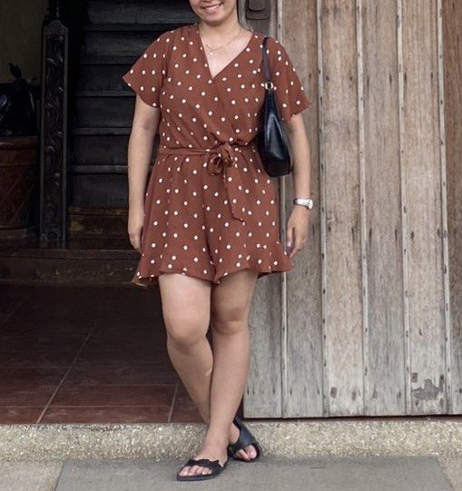 FREE SF I Brown Polka Dot Romper (Category: Rompers) located in Iligan City. Submitted by prelovedbyspg (Listing ID 1440259712, Image 1). Description: - Material: chiffon - Wrap style with tie at the waist - M on tag but can fit up to L.