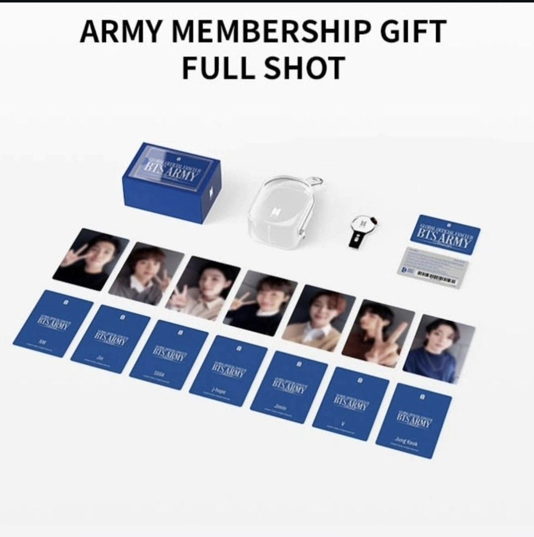 BTS ARMY Membership Gift - Photocards & Accessories (Category: K-Wave Merchandise) located in Mandaluyong City. Submitted by dooods. (Listing ID 1440314258, Image 1). Description: - Full BTS ARMY Membership gift set - Includes photocards of all 7 members - PVC Pouch - Official Lightstick Miniature - Membership card not included - Original blue box included - Ideal for any BTS fan or ARMY collector.