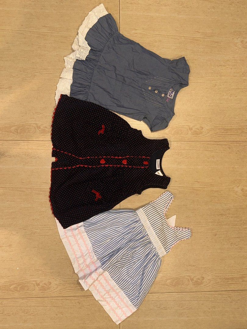 Bundle of Girls' Dresses (Category: Babies & Kids Fashion) located in Santa Rosa. Submitted by ltvelasco (Listing ID 1440276529, Image 2). Description: - Bundle of 7 girls' dresses - Includes various denim styles - Cute navy polka dot dress with red trim - Blue and white striped dress - Grey dress with lace trim - Assorted sizes - Great for everyday wear or special occasions.