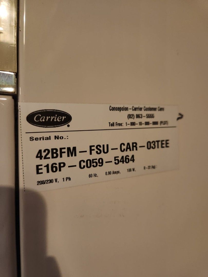 Carrier 3 tonner Floor Standing Air Conditioner (Category: Air Conditioning and Heating) located in Makati City. Submitted by cjoy03 (Listing ID 1440321973, Image 3). Description: - Carrier Floor Standing Air Conditioner - Model: 42BFM-FSU-CAR-03TEE - Power: 208/230V, 1 Phase, 60 Hz - Amperage: 8.50 Amps - Wattage: 100 W - Effectively cools your space - In good working condition pick up in makati. dismounting is up to the buyer. pls bring aircon 