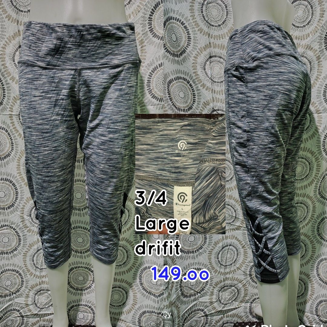 Champion 3/4 Dri-Fit Leggings (Category: Activewear) located in Baguio. Submitted by cyann78 (Listing ID 1440385675, Image 1). Description: Champion 3/4 length leggings. Dri-Fit material. Grey marled pattern with criss-cross detail at the hem. Great for workouts or casual wear. Comfortable and breathable. .