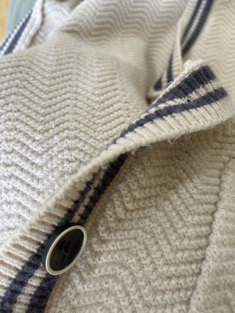 Cream knitted cardigan with pockets (Category: Coats, Jackets and Outerwear) located in Manila. Submitted by moolodica (Listing ID 1440220999, Image 2). Description: With navy trim and buttons Its quite thick and very comfy From HK Fits s-l RFS: raising funds to pay for my cat’s surgery.