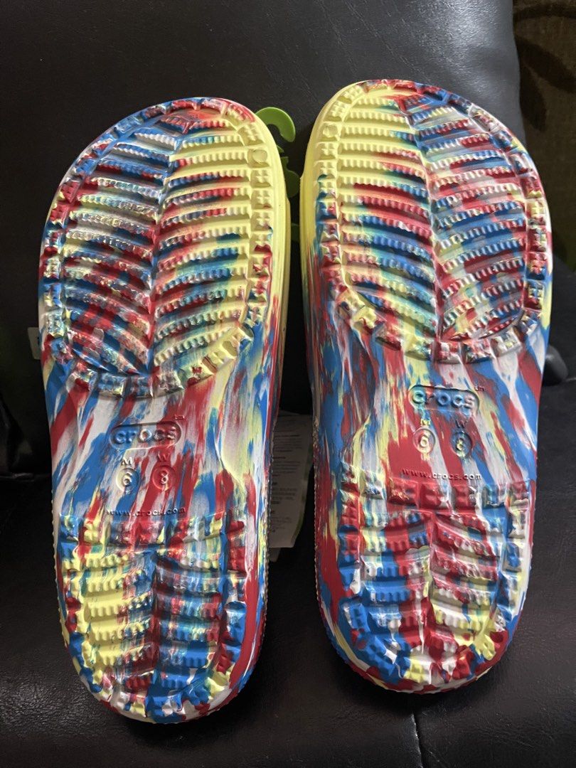 Crocs Classic Marbled Slide/Sulphur Multi M6W8 (Category: Slippers and slides) located in Manila. Submitted by rizver2026 (Listing ID 1440246954, Image 2). Description: - Classic Crocs slides - Unique marbled pattern (yellow, red, blue) - Size: M6W8 - Ideal for casual and everyday wear.