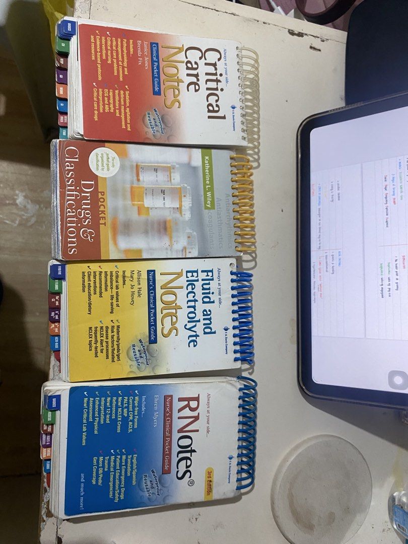 DAVIS’S NOTES BUNDLE!! (Category: Textbooks) located in Cebu City. Submitted by arteriosclerosis (Listing ID 1440316587, Image 1). Description: - Bundle of 4 essential nursing pocket guides. - Includes: RN Notes (3rd Ed), Critical Care Notes, Fluid and Electrolyte Notes, and Pocket Drugs & Classifications. - Ideal reference for nurses and nursing students. - All guides are tabbed for quick and easy access. - Perfect for studying and clinical rota