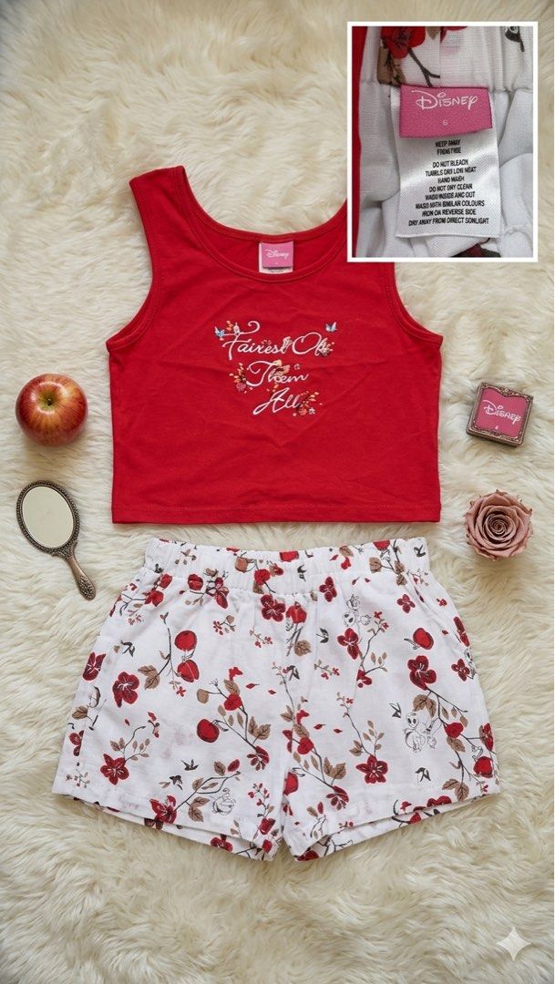 Disney Snow White Outfit Size 6 (Category: Babies & Kids Fashion) located in Rizal. Submitted by cutiefindspreloveditems (Listing ID 1414957177, Image 1). Description: - Disney Snow White outfit - Size 6 - Includes: - Red top with "Fairest Of Them All" print - White shorts with floral print - Unique shoulder design on top - Perfect for your little one! For 2-4 y/o With small slime stains as seen in the picture. Shorts is in excellent condition. .
