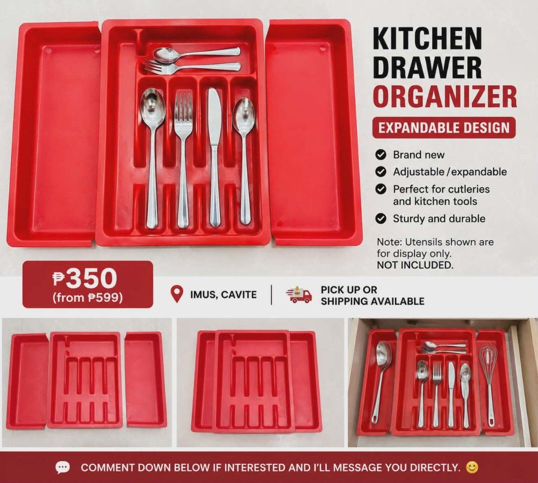 Expandable Kitchen Drawer Organizer for Cutlery and Tools (Category: Shelves, Cabinets & Racks) located in Manila. Submitted by zealhorse-61de34 (Listing ID 1440373144, Image 1). Description: - Expandable and adjustable red kitchen drawer organizer - Perfect for keeping cutlery and kitchen tools tidy - Made from sturdy and durable material - Great value: Now 3 50 II (Original Price P599) - Note: Utensils shown in photos are for display purposes o