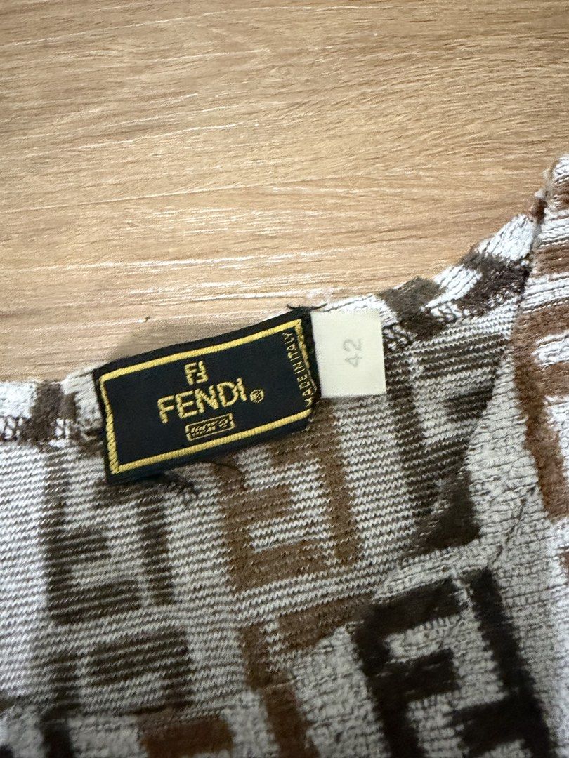 Fendi Zucca Pattern T-Shirt (Category: Shirts) located in Mandaluyong City. Submitted by gemmiebears (Listing ID 1440281337, Image 2). Description: - Iconic Fendi Zucca pattern t-shirt - Size: 42 - Short sleeves - Material: 80% Cotton, 20% Polyamide - Made in Italy - Ideal for Fendi enthusiasts and collectors.