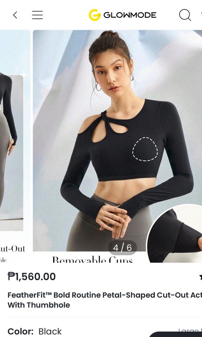 Glowmode FeatherFit Bold Routine Petal Cut-Out Active Top Black (Category: Activewear) located in Bulacan. Submitted by cheskajuliezze (Listing ID 1440375542, Image 3). Description: - orig price is php 1,500 - Glowmode black long-sleeve active top - Made with buttery-soft FeatherFit material - Unique petal-shaped cut-out on the shoulder - Comes with removable cups - used once during hike .
