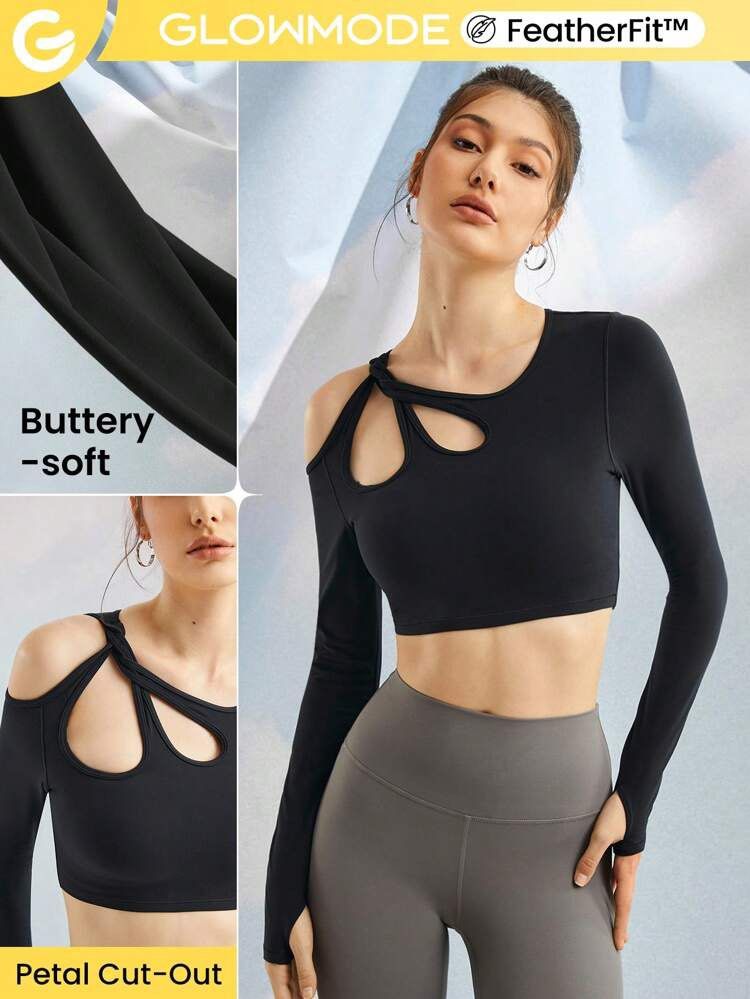 Glowmode FeatherFit Bold Routine Petal Cut-Out Active Top Black (Category: Activewear) located in Bulacan. Submitted by cheskajuliezze (Listing ID 1440375542, Image 1). Description: - orig price is php 1,500 - Glowmode black long-sleeve active top - Made with buttery-soft FeatherFit material - Unique petal-shaped cut-out on the shoulder - Comes with removable cups - used once during hike .