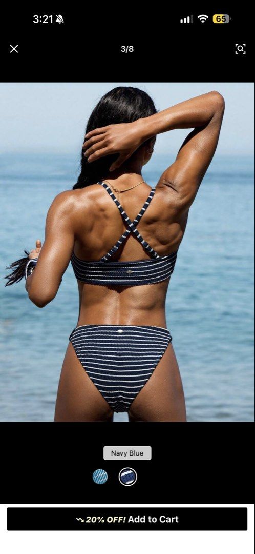 Glowmode Navy Blue Striped Textured Bikini Set (Category: Bikinis & Swimsuits) located in Mandaluyong City. Submitted by kayechx (Listing ID 1440268217, Image 3). Description: - Navy blue bikini set with white stripes - Super good quality, comparable to mall brands - Halter neck top with adjustable criss-cross back straps - Matching bikini bottoms included - Comes with a complimentary yellow pouch BRAND NEW NEVER WORN ONLY FIT RFS: too big, will 