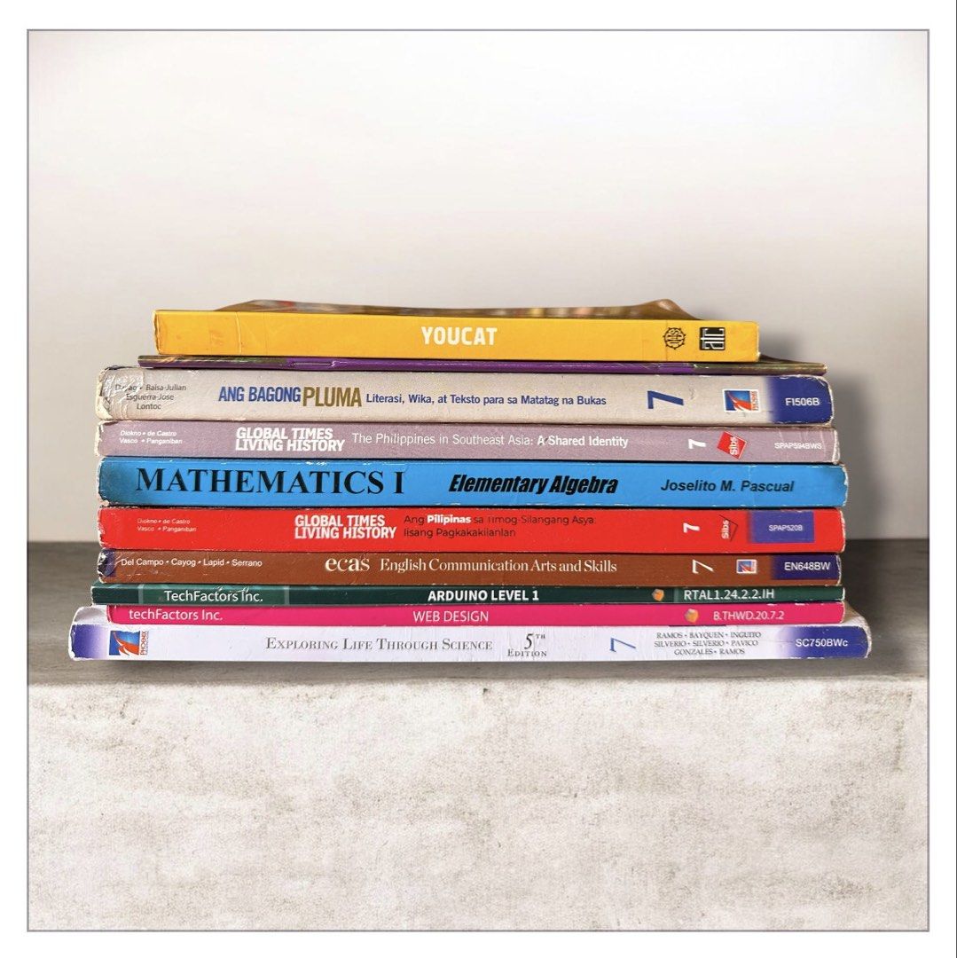 Grade 7 Books (Category: Textbooks) located in Marikina City. Submitted by agyamanak (Listing ID 1440273955, Image 1). Description: TAKE ALL Php 3000.00 1. YOUCAT (still new condition) 2. Student Record Book (only2 pages have writing) 3. Mathematics 1 Elementary Algebra (only 2 pages have writing) 4. Global Times Living History (still new condition) 5. ECAS (a few of the pages are highlighted) 6. Arduino Level 1 (still new condition) 7. Web Desig