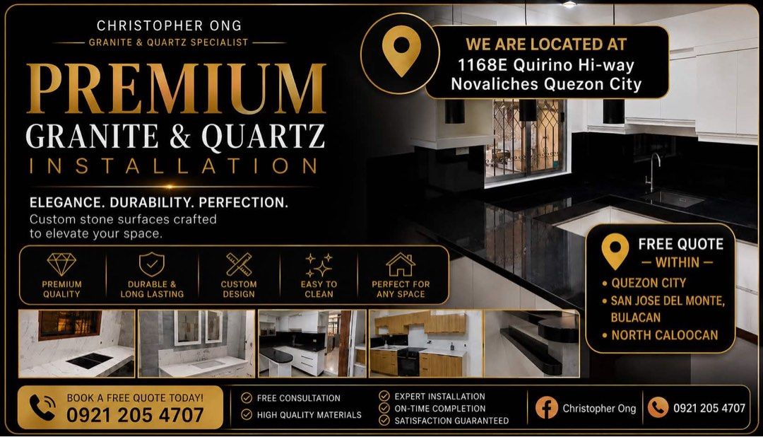 granite and quartz (Category: Construction & Building Materials) located in Quezon City. Submitted by tope1101 (Listing ID 1440350102, Image 1). Description: Upgrade your home with premium granite & quartz finishes that combine elegance, durability, and timeless beauty. 🖤 ‼️We also have a physical store for actual viewing and inquiries. 📩 Message or call us for more details! 📞 0921 205 4707 - Christopher Ong #GraniteAndQuartz #KitchenGoals #Mo