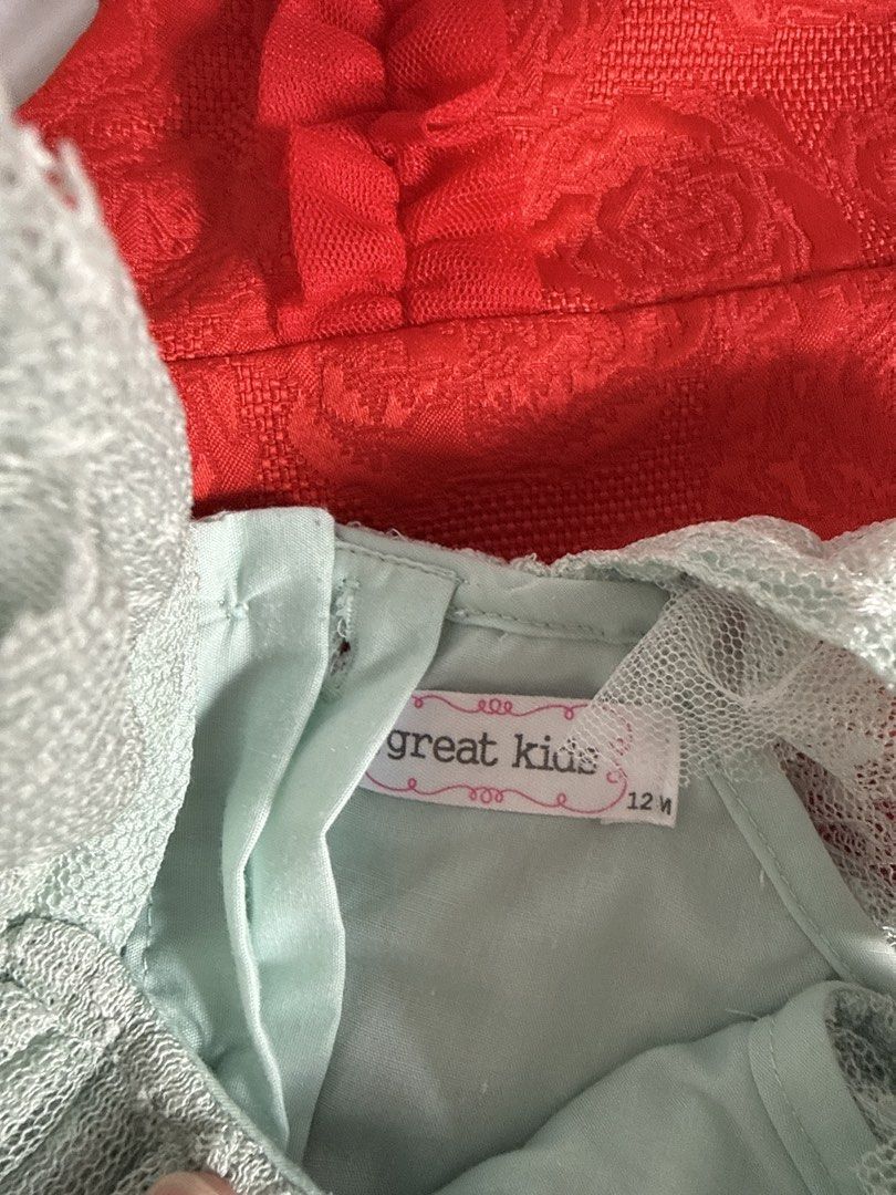 SALE Great Kids Dresses - Red & Mint Green (Category: Babies & Kids Fashion) located in Quezon City. Submitted by closet24 (Listing ID 1440214463, Image 3). Description: - Bundle of 2 adorable Great Kids dresses - Red dress: vibrant color, textured fabric, ruffled details - Mint green dress: lovely tulle, adorned with white flower, subtle polka dots - Perfect for parties and special occasions Size : 12mos and 24mos.