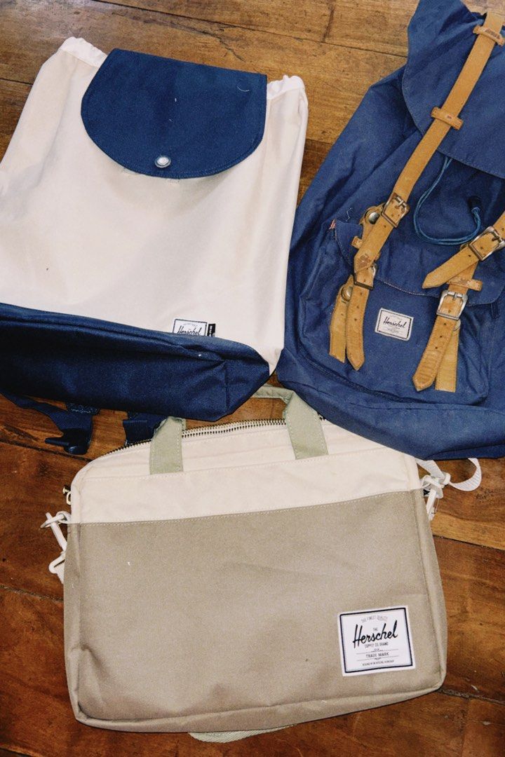 Herschel Backpacks and Laptop Bag Bundle (Category: Backpacks) located in Malaybalay. Submitted by ziggyy. (Listing ID 1440245272, Image 1). Description: - Bundle of 3 authentic Herschel bags - Includes: Classic blue backpack with leather straps - Includes: Cream and navy drawstring backpack - Includes: Cream and tan messenger bag - Ideal for school, work, or travel - Selling as a complete set or each .