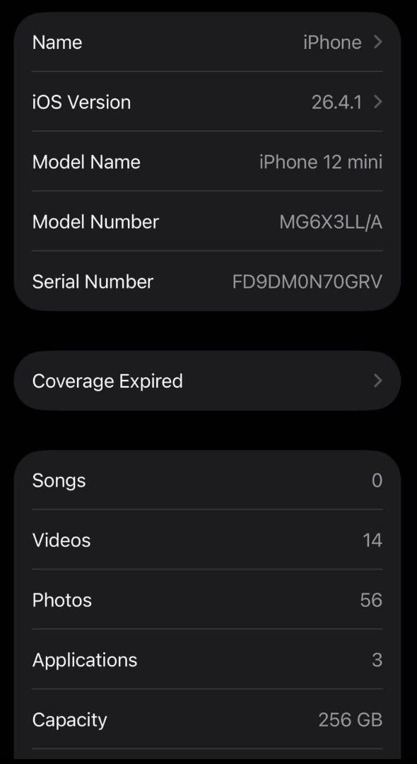Iphone 12 Mini 256 Gb (Category: iPhone 12 Series) located in Binan City. Submitted by zencloud_801473 (Listing ID 1440304119, Image 3). Description: Iphone 12 Mini Personal Use Ios 26💯 256 Gb💯 100 Battery Health💯 Truetone💯 Isang beses palang nalogin ng icloud💯 No history of repair💯 No Unknown Parts💯 No sim Restrictions💯 Malinaw cam no issue💯 Issue:(Screen) may maliit na black spot sa camera pero di affected yung camera at screen perform