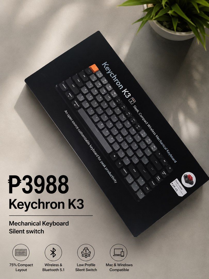 Keychron K3 Wireless Mechanical Keyboard Silent Switch (Category: Computer Keyboard) located in Quezon City. Submitted by poshforward (Listing ID 1440215712, Image 1). Description: Bought for 6k! Almost new, just used as backup keyboard. Mechanical changeable key caps. Negotiable to sure buyer! - Sleek and compact wireless mechanical keyboard - 75% compact layout for space-saving efficiency - Low profile silent switches for quiet, comfortable typ